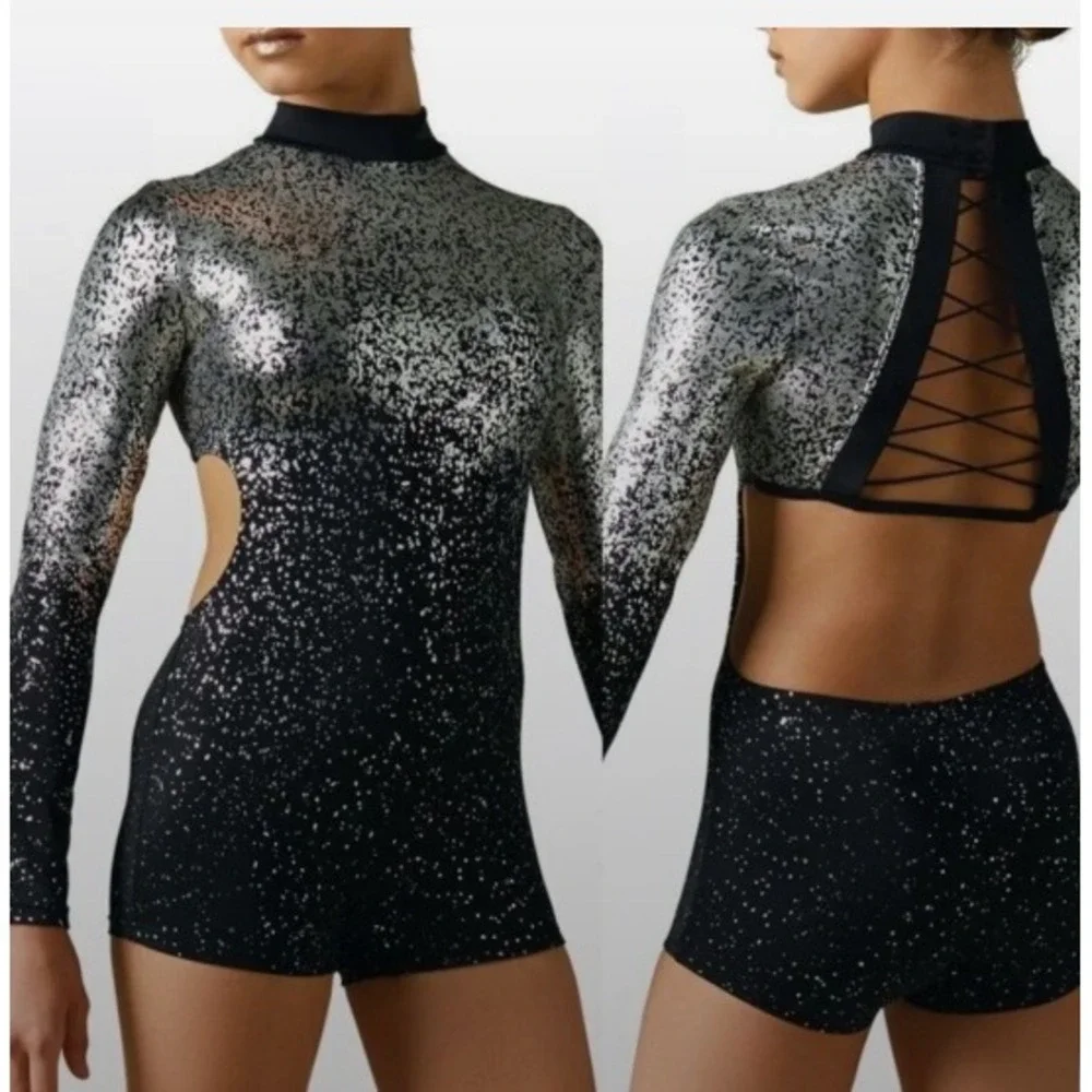 Weissman Kids LC Silver Ombre Foil Splatter Long Sleeve Biketard Dance Costume